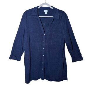Chico's Shirt Navy Blue 100% Linen Size 3 (XL) Summer Vacation Resort